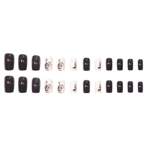 Deep cherry red and milk white press-on nails with black floral patterns in square shape
