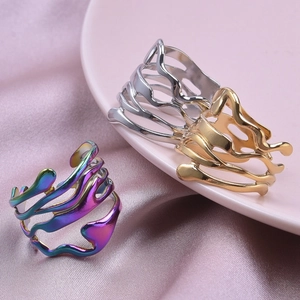 Irregular wavy hollow stainless steel rings in gold, silver, and iridescent finishes