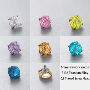 F136 Titanium Alloy Piercing Jewelry Accessory Screw Thread Earring Stud Top With Round Firework Zircon Four Claw Set