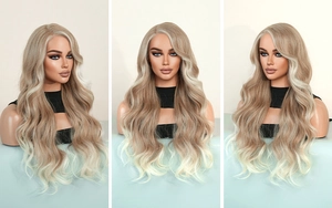 Three-angle view of long wavy blonde wig with ombre gradient and soft curls on a mannequin