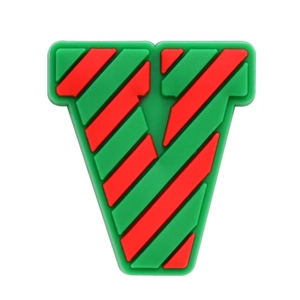 Detail shot of letter V shoe charm with green base and red diagonal stripes for clogs