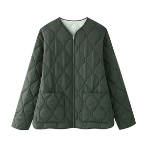 Quilted dark green round neck jacket with front pockets and zipper closure