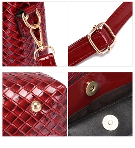Detailed views of red woven texture bag featuring gold hardware and magnetic closures