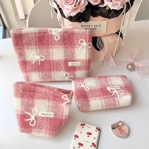 Kawaii Pink White Plaid Plush Makeup Bag Soft Bow Embroidery Portable Travel Cosmetic Storage Pouch Wash Organizer Handbag For Women Girls