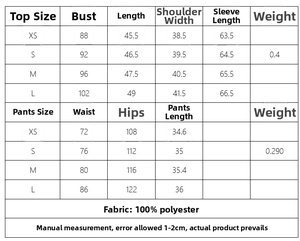 Tableau des tailles détaillé pour ensemble veste courte et short avec détails tissu