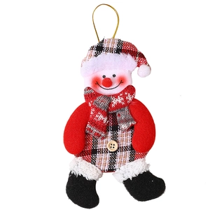 Hanging snowman Christmas tree ornament with red and white plaid fabric and wooden buttons