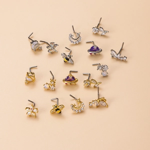 Set of 15 pieces of L-shaped nose studs featuring flower, moon, and bee designs with zircon