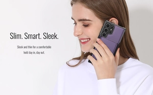 Close-up of slim purple leather card holder phone case with visible stitching details