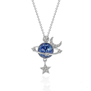 Elegant silver planet necklace with blue celestial sphere and sparkling moon star charms