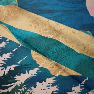 Abstract nature wall tapestry with modern blue and gold mountain pattern and soft velvet texture