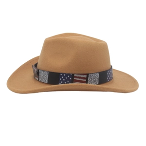 Detail des US-Flaggen-Zierbands auf einem kamelfarbenen Western-Cowboyhut aus Filz