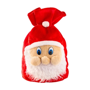 Sac cadeau de Noël en velours rouge avec Père Noël 3D, barbe en peluche et cordons de serrage