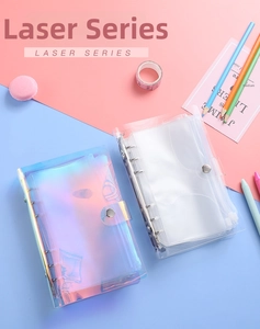 Detail view of A6 laser laser and clear PVC binder covers with six-hole metal rings