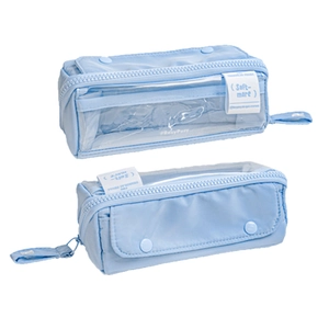 Blue double-layer pencil case with clear PVC window and canvas flap, stationery organizer