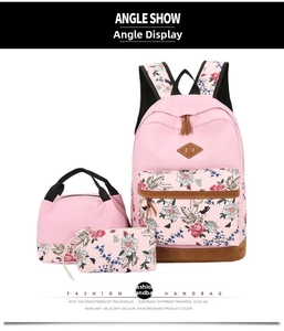 Three-piece floral print backpack set with lunch bag and pencil case in pink canvas