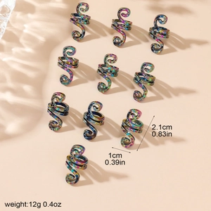 Rainbow metal spiral hair ring set with 10 dreadlock charms and wavy patterns