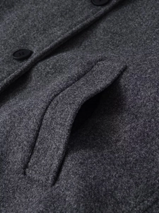 Detailed close-up of side pocket and black buttons on dark grey wool blend jacket