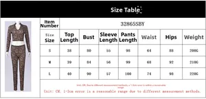 Detailed size guide table for women's printed crop top and matching trousers set