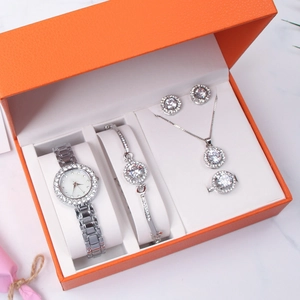Silver jewelry gift set with crystal watch, bracelet, necklace and earrings in orange box