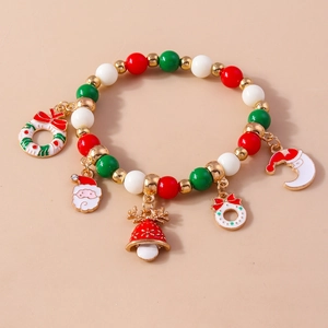 Detail view of Christmas beaded bracelet with Santa Claus and reindeer enamel charms