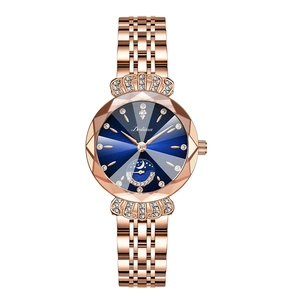 Montre à quartz luxe pour femme or rose avec cadran bleu soleil et diamants