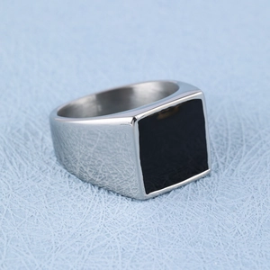 Sleek silver stainless steel signet ring with a minimalist black square enamel inlay surface