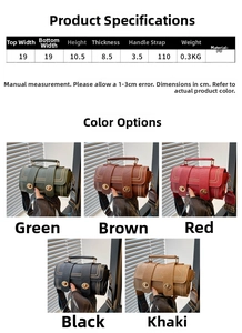 Infographic showing Boston bag dimensions and five colors with bohemian straps