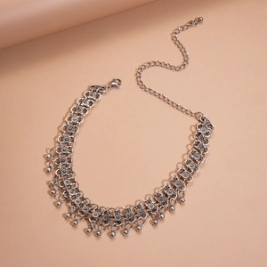 Vintage silver double-layer choker necklace with carved metal discs and bead pendants