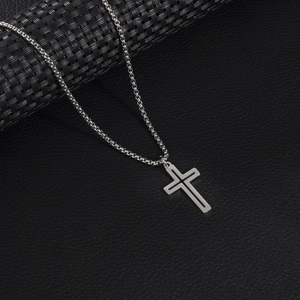 Long minimalist silver hollow cross pendant necklace with box chain on black leather