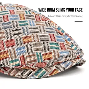 Retro multi-colored woven jacquard beret with wide brim and vintage plaid pattern
