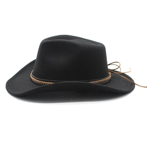 Classic black wool fedora hat with brown braided band and side knot for men and women