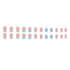 Faux ongles carrés bleu cœur à paillettes avec dégradé rose et bleu et motifs variés