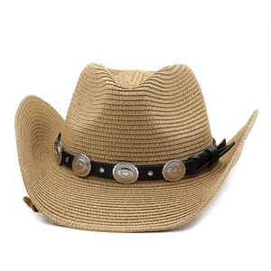 Detail of khaki woven straw cowboy hat with black leather band and silver concho studs