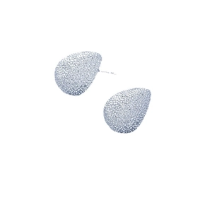 Silver teardrop stud earrings with textured matte surface and minimalist geometric design