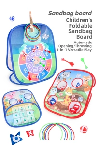 Detail view of 3-in-1 folding bean bag toss board with dinosaur and forest animal themes