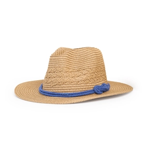 Close-up of woven straw texture and blue thick rope knot on a wide brim sun hat