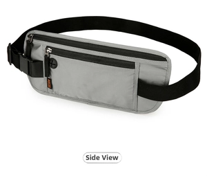 Detail of grey waterproof running belt with RFID protection and integrated earphone hole