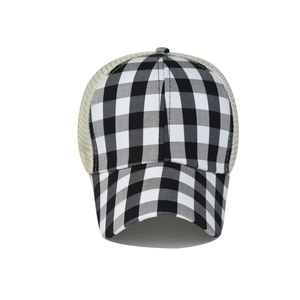 Black and white gingham ponytail baseball cap with breathable mesh back and sun visor
