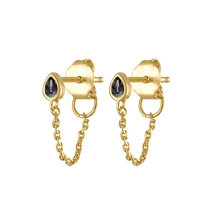 Detailed shot of golden chain drop earrings with black waterdrop cubic zirconia stones