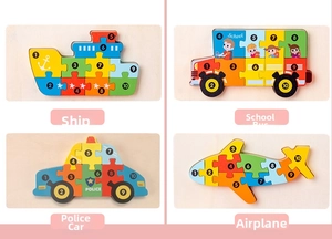 Macro detail of wooden 1-10 number blocks featuring vehicle shapes for early learning