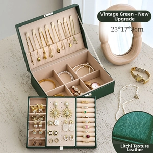 Detail view of large green jewelry box with multiple layers for rings and watches