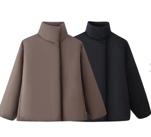 Detail of high collar and stitching on brown and black padded puffer jackets