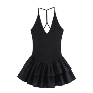 Elegant black halter v-neck ballet dress with ruffled skirt and cross back straps