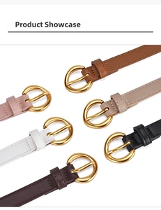 Detailed display of six colorful slim PU leather belts with round golden pin buckles