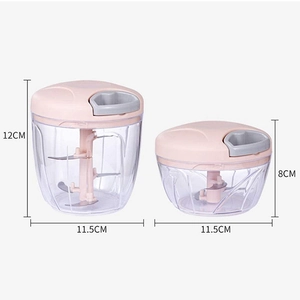 Size comparison of two manual pink food choppers with 12cm and 8cm heights