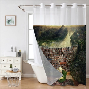 Detail of waterproof polyester shower curtain featuring surreal forest library landscape art