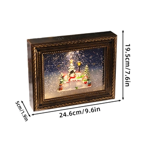 Vintage bronze Christmas musical snow globe frame with snowman and pine tree scene