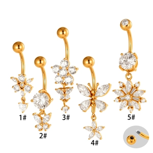 Five gold surgical steel belly rings with zircon flower butterfly and heart pendants
