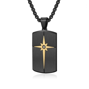 Detail of black shield pendant necklace with gold cross star and small diamond accent