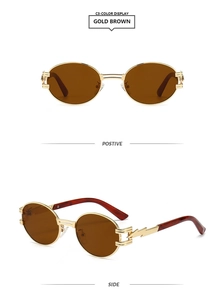 Detail view of gold brown steampunk oval sunglasses with creative lightning bolt temples